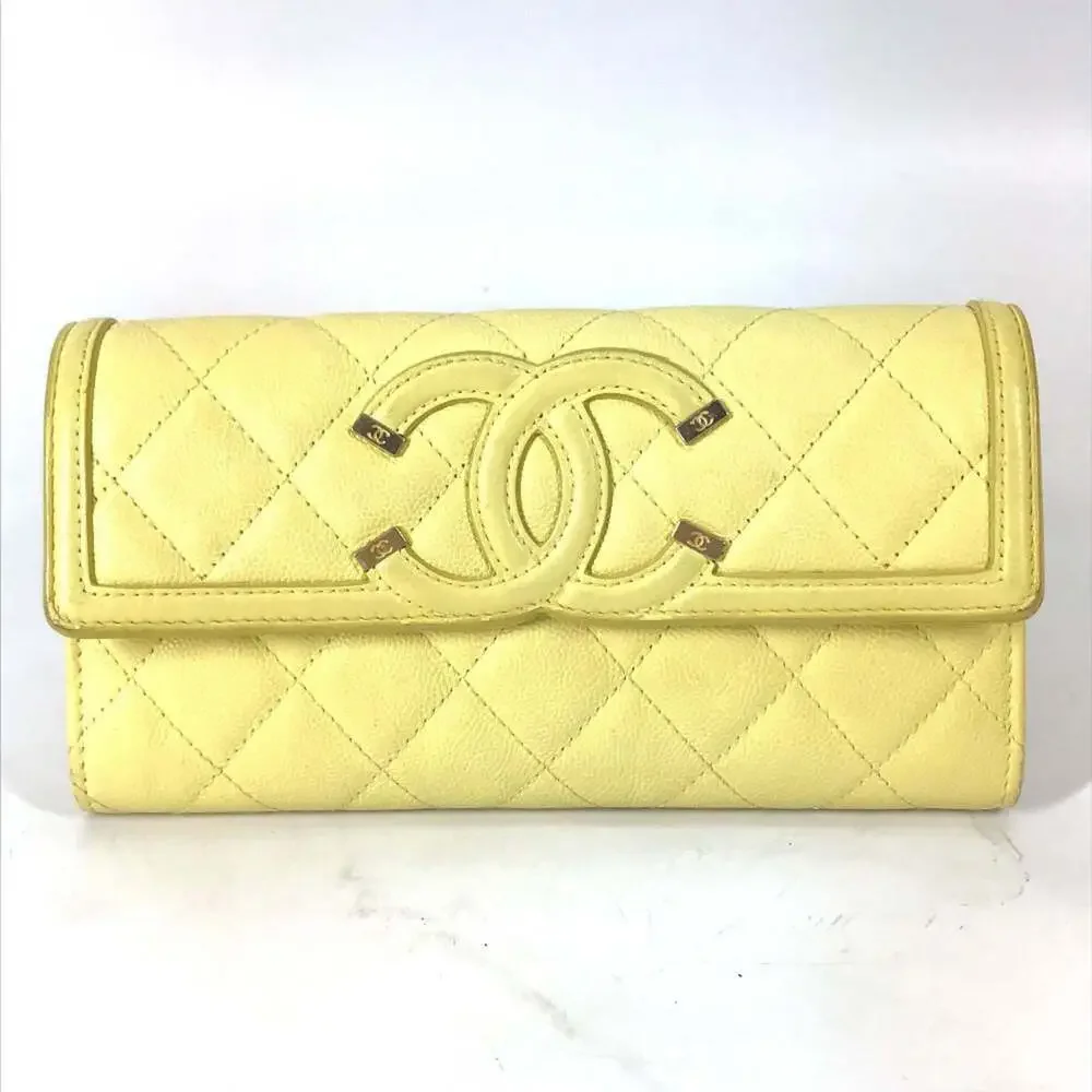 CHANEL Yellow Caviar Leather Logo Wallet